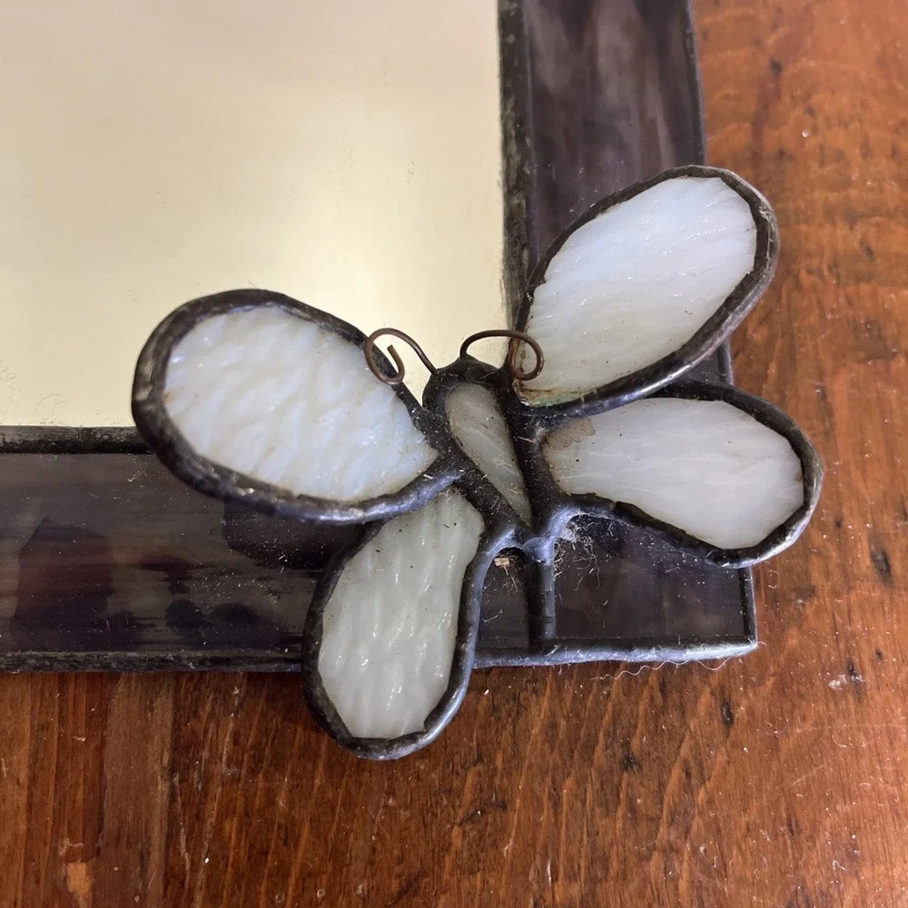 Purple Stained Glass Iridescent Framed Butterfly Mirror Small 7x5